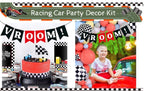 Race Balloon Garland Arch Kit Pastel Coral Gray Yellow Baby Blue Black White Balloons with Checkered Foil Balloons Tablecloth Flag Banner