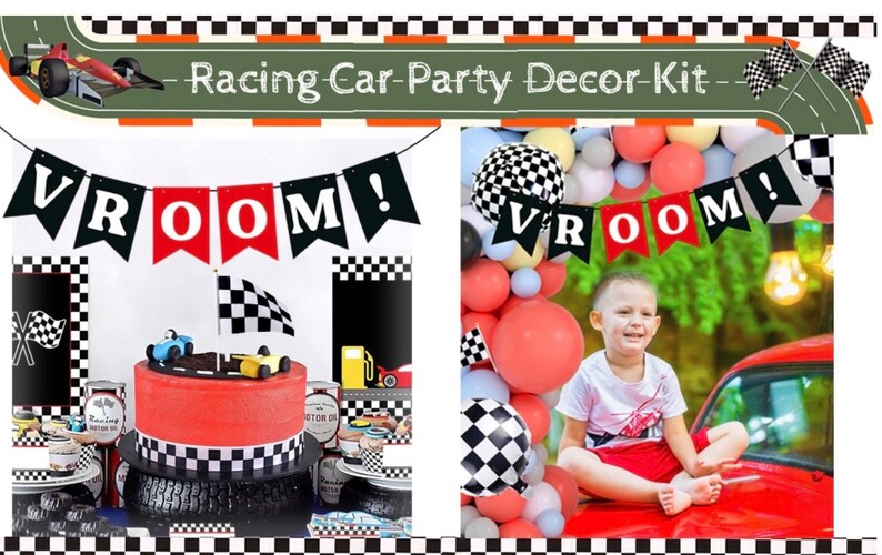 Race Balloon Garland Arch Kit Pastel Coral Gray Yellow Baby Blue Black White Balloons with Checkered Foil Balloons Tablecloth Flag Banner