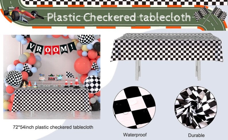 Race Balloon Garland Arch Kit Pastel Coral Gray Yellow Baby Blue Black White Balloons with Checkered Foil Balloons Tablecloth Flag Banner