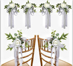 6PCS Wedding Aisle Chair Decorations Pew Flowers Rose Floral Wedding Chair Back Flowers with Leaves & Ribbons Church Chair Bench Pew Flowers