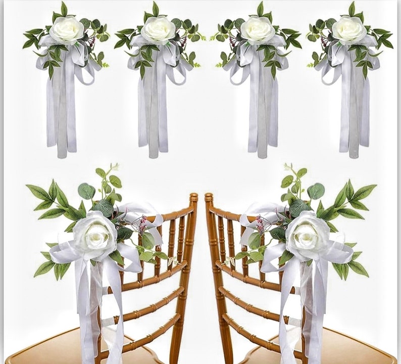 6PCS Wedding Aisle Chair Decorations Pew Flowers Rose Floral Wedding Chair Back Flowers with Leaves & Ribbons Church Chair Bench Pew Flowers