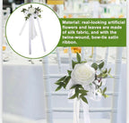 6PCS Wedding Aisle Chair Decorations Pew Flowers Rose Floral Wedding Chair Back Flowers with Leaves & Ribbons Church Chair Bench Pew Flowers
