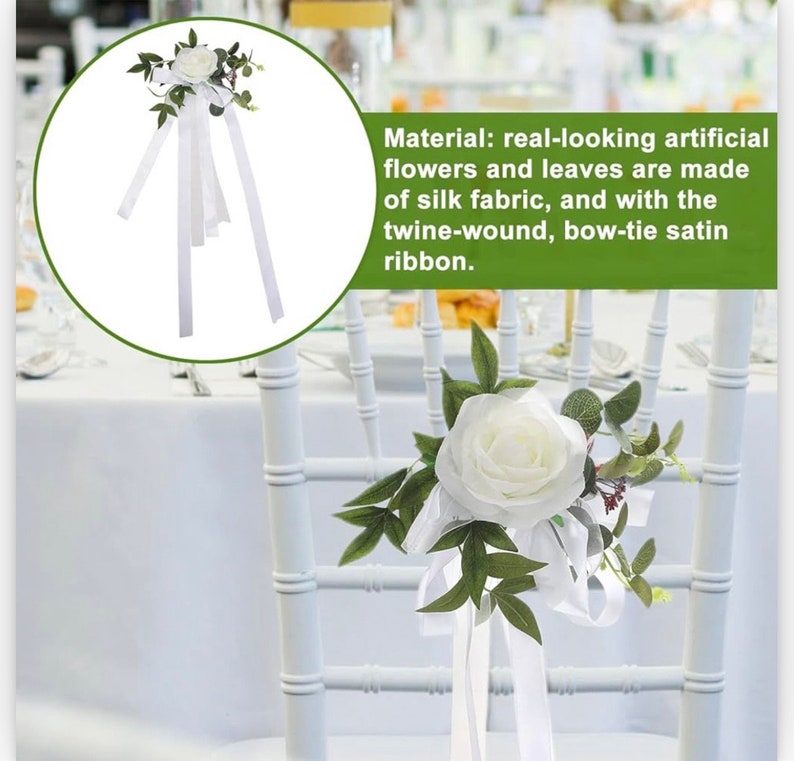 6PCS Wedding Aisle Chair Decorations Pew Flowers Rose Floral Wedding Chair Back Flowers with Leaves & Ribbons Church Chair Bench Pew Flowers