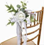 6PCS Wedding Aisle Chair Decorations Pew Flowers Rose Floral Wedding Chair Back Flowers with Leaves & Ribbons Church Chair Bench Pew Flowers