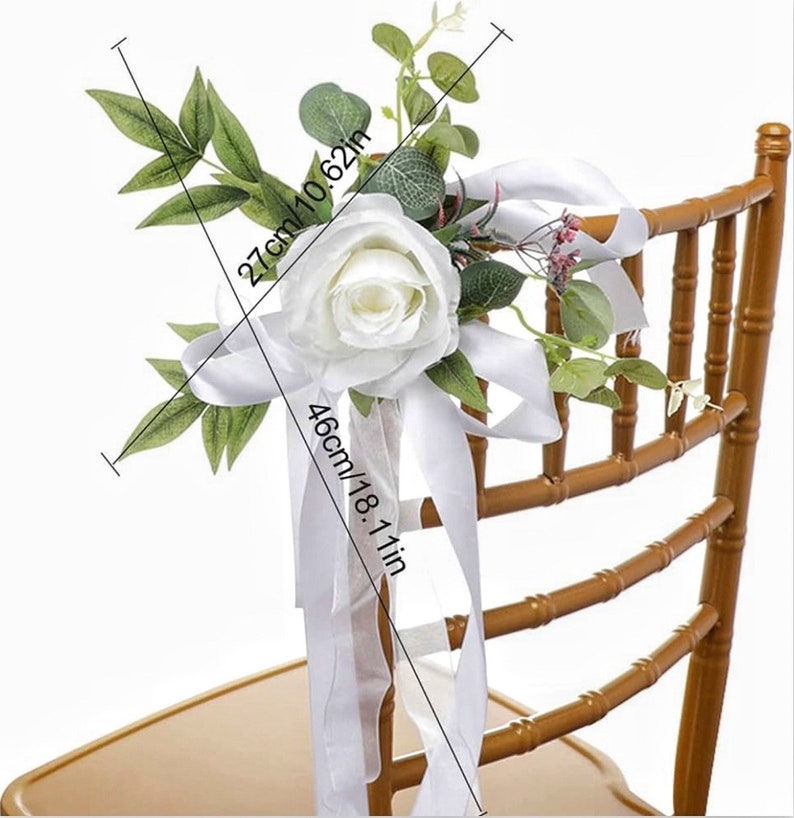 6PCS Wedding Aisle Chair Decorations Pew Flowers Rose Floral Wedding Chair Back Flowers with Leaves & Ribbons Church Chair Bench Pew Flowers