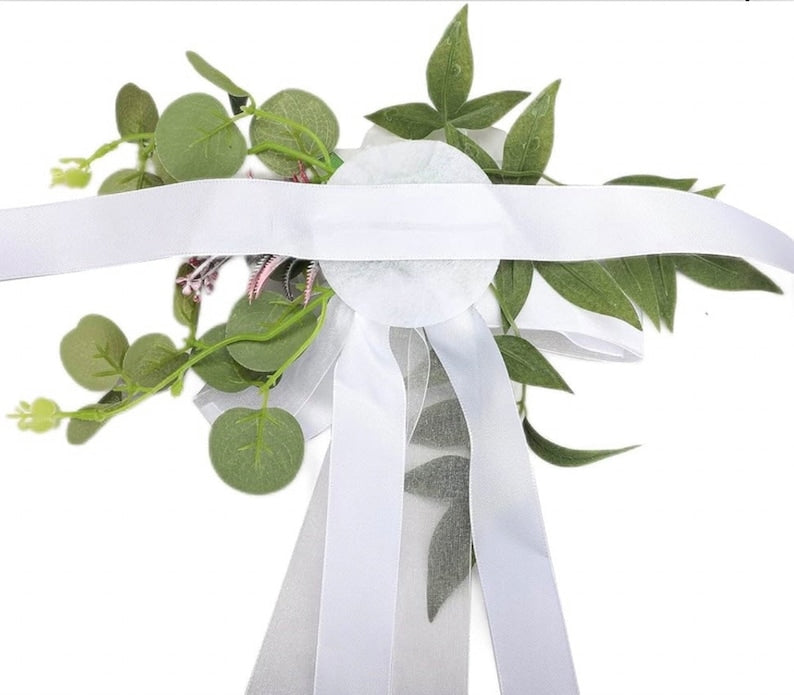 6PCS Wedding Aisle Chair Decorations Pew Flowers Rose Floral Wedding Chair Back Flowers with Leaves & Ribbons Church Chair Bench Pew Flowers