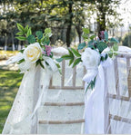 6PCS Wedding Aisle Chair Decorations Pew Flowers Rose Floral Wedding Chair Back Flowers with Leaves & Ribbons Church Chair Bench Pew Flowers