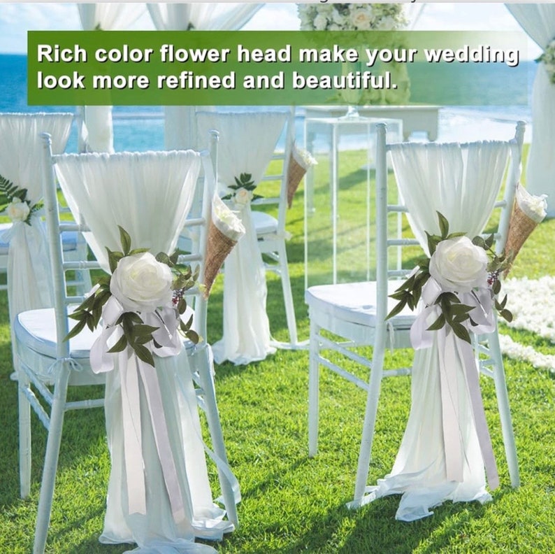 6PCS Wedding Aisle Chair Decorations Pew Flowers Rose Floral Wedding Chair Back Flowers with Leaves & Ribbons Church Chair Bench Pew Flowers
