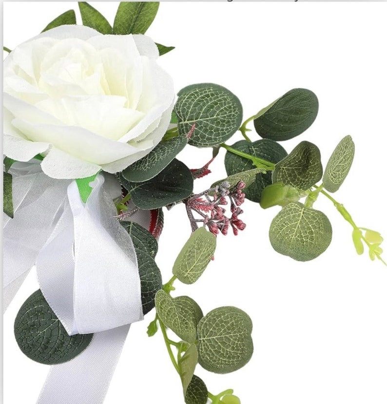 6PCS Wedding Aisle Chair Decorations Pew Flowers Rose Floral Wedding Chair Back Flowers with Leaves & Ribbons Church Chair Bench Pew Flowers