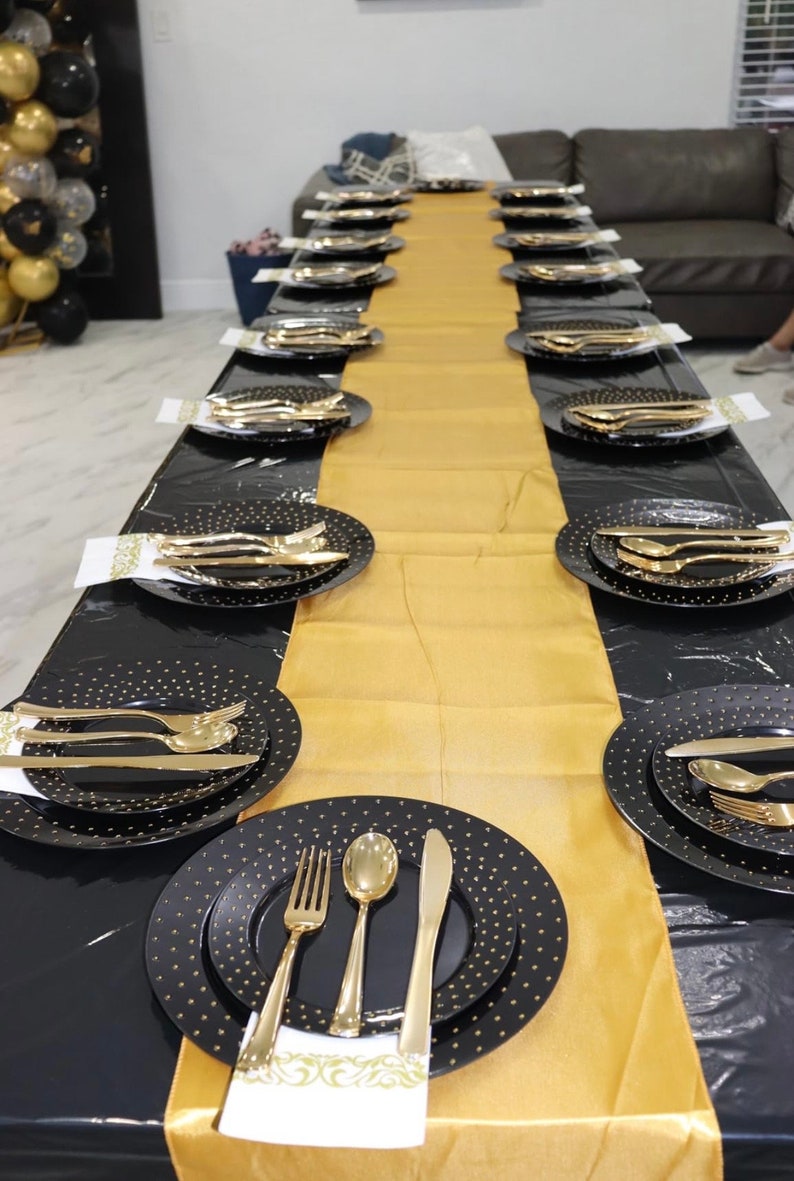 Black and Gold Tablecloths and Satin Table Runner Set, Table Cover Dining Plastic Table Cloths