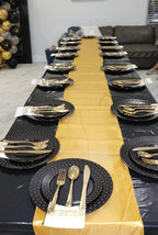 Black and Gold Tablecloths and Satin Table Runner Set, Table Cover Dining Plastic Table Cloths