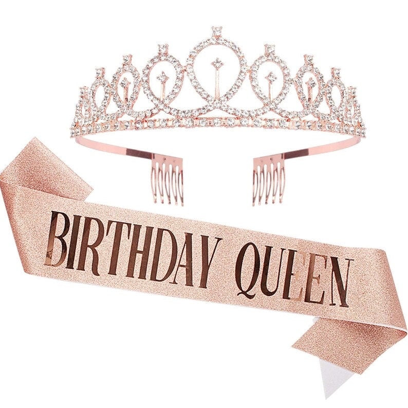 Birthday Crown and Sash for Women Birthday Queen Sash & Rhinestone Tiara Set and Sashes for Decorations Rose Gold Birthday Queen