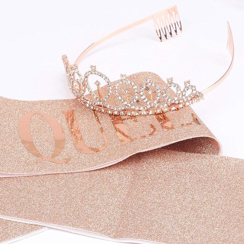 Birthday Crown and Sash for Women Birthday Queen Sash & Rhinestone Tiara Set and Sashes for Decorations Rose Gold Birthday Queen