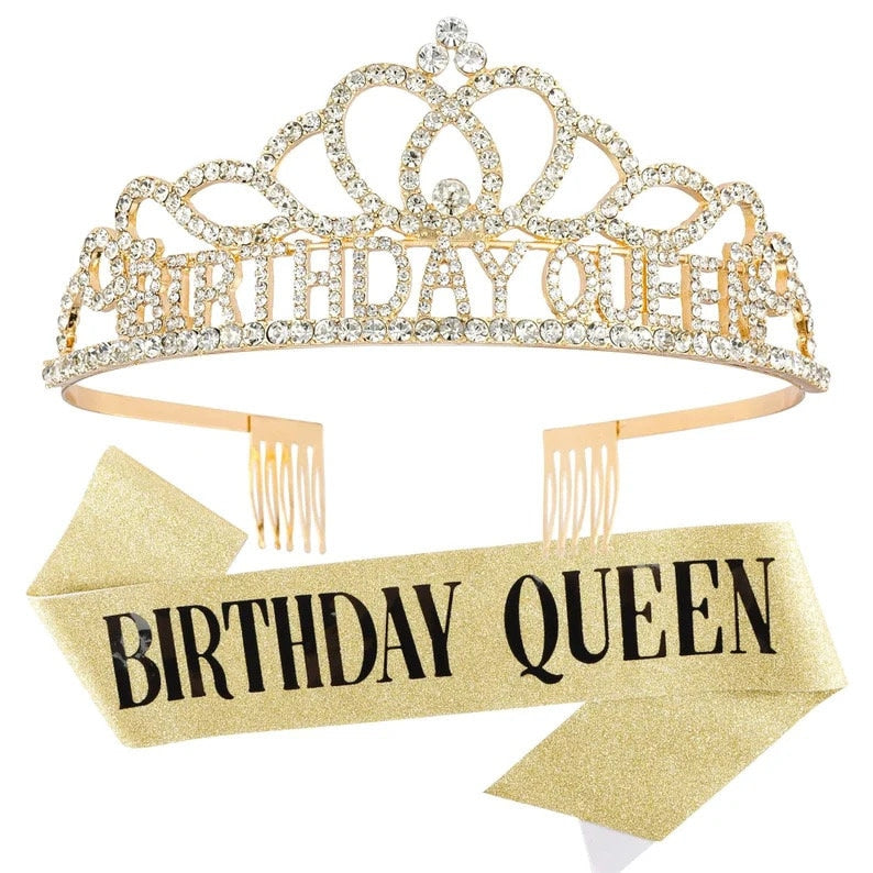 Gold Birthday Crowns for Women Birthday Queen Sash and Tiara for Women Gold Birthday Party Decorations for Women Birthday Sash and Crown