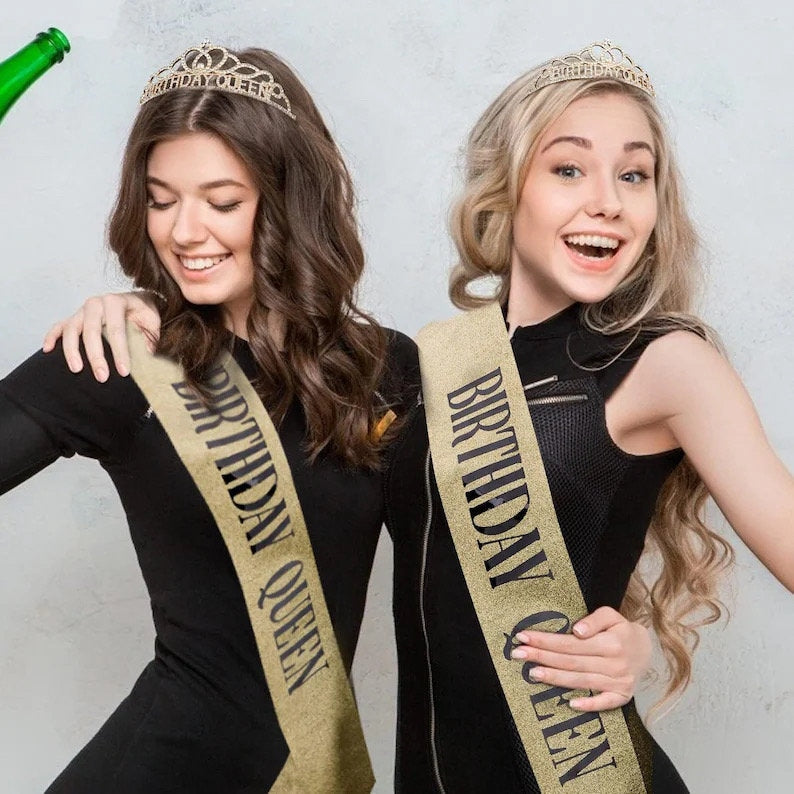 Gold Birthday Crowns for Women Birthday Queen Sash and Tiara for Women Gold Birthday Party Decorations for Women Birthday Sash and Crown