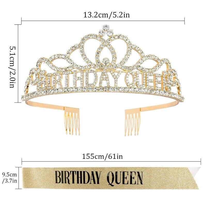 Gold Birthday Crowns for Women Birthday Queen Sash and Tiara for Women Gold Birthday Party Decorations for Women Birthday Sash and Crown