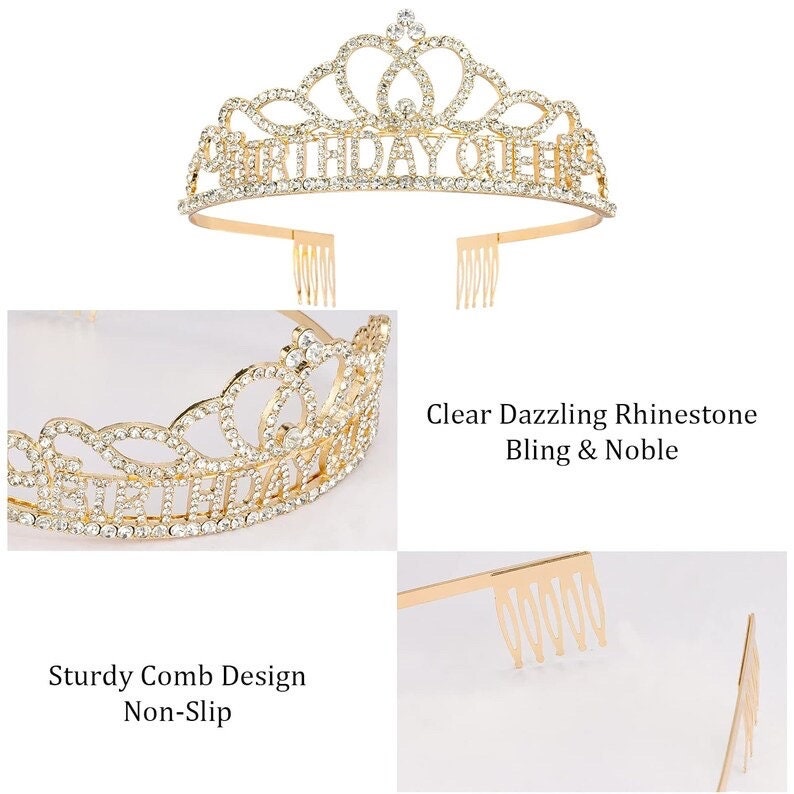 Gold Birthday Crowns for Women Birthday Queen Sash and Tiara for Women Gold Birthday Party Decorations for Women Birthday Sash and Crown
