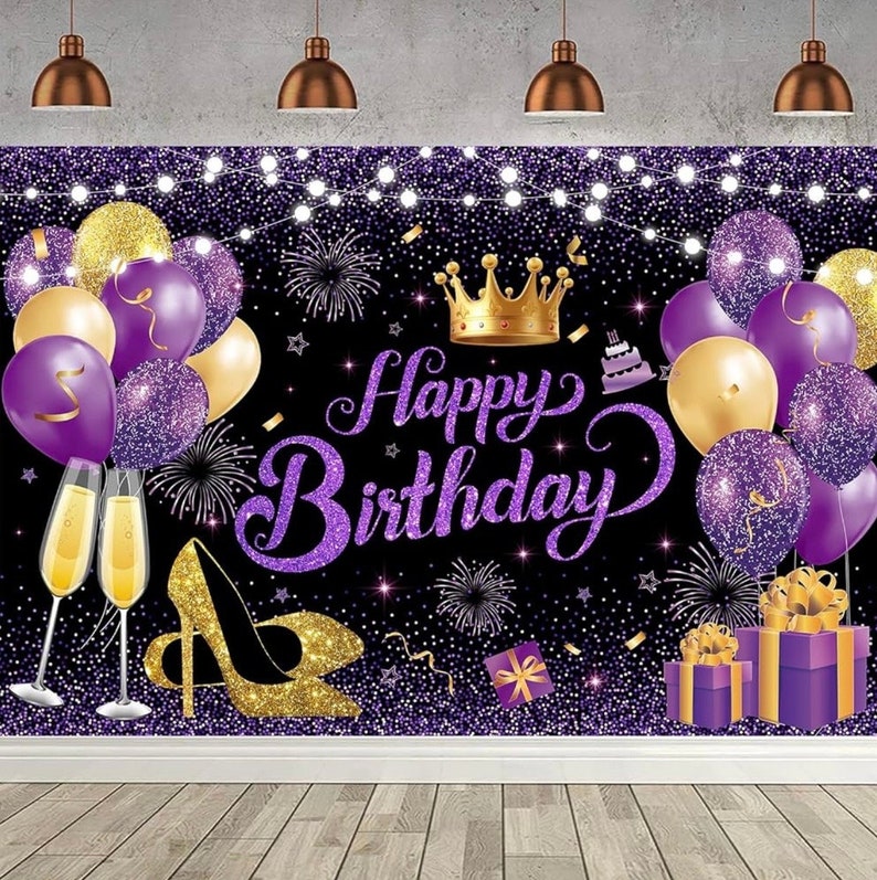 180x120 cm Glitter Purple Golden Happy Birthday Party Backdrops Cloth 71x47 inch Photography Bday Backgrounds Black Purple Gold Happy Bday