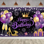 180x120 cm Glitter Purple Golden Happy Birthday Party Backdrops Cloth 71x47 inch Photography Bday Backgrounds Black Purple Gold Happy Bday