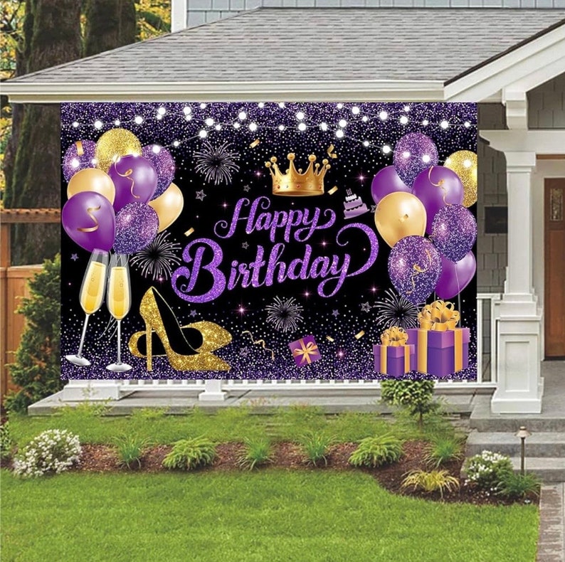 180x120 cm Glitter Purple Golden Happy Birthday Party Backdrops Cloth 71x47 inch Photography Bday Backgrounds Black Purple Gold Happy Bday