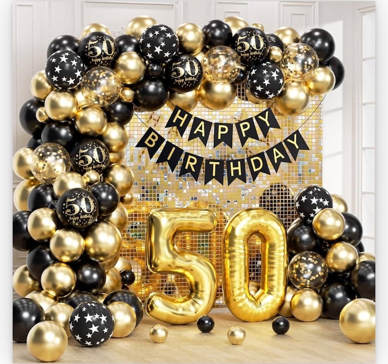 50th Birthday Decorations with Happy 50th Birthday Decorations Banner 50 balloon number, Black and Gold 50th Birthday Balloons Arch Kit