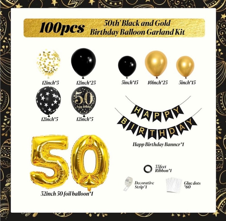 50th Birthday Decorations with Happy 50th Birthday Decorations Banner 50 balloon number, Black and Gold 50th Birthday Balloons Arch Kit