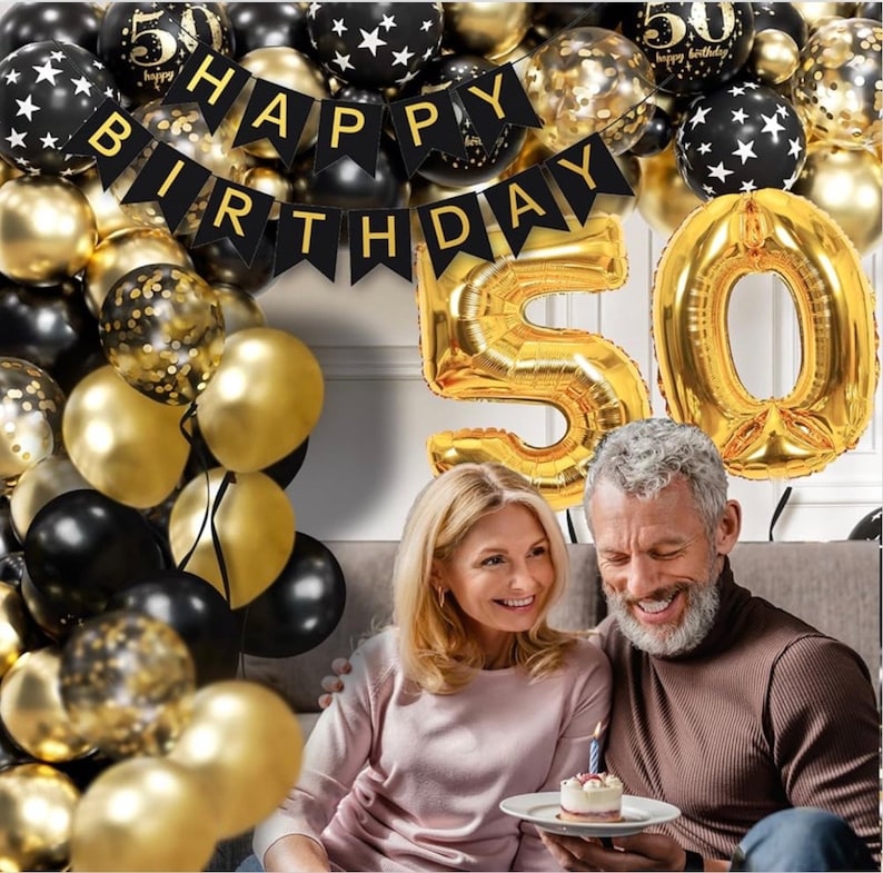 50th Birthday Decorations with Happy 50th Birthday Decorations Banner 50 balloon number, Black and Gold 50th Birthday Balloons Arch Kit
