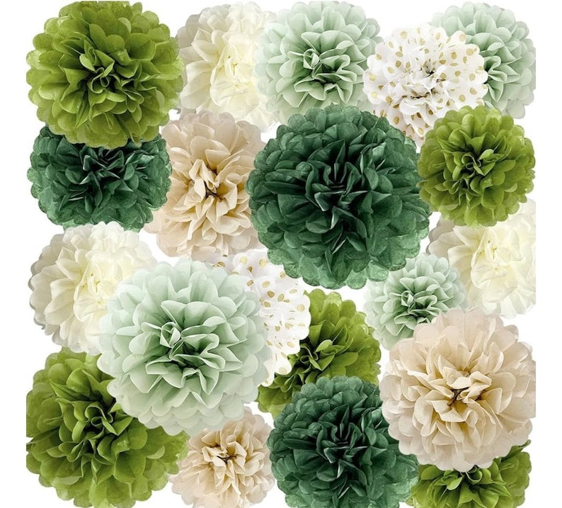 Sage Green Tissue Paper Pom Poms 20 Pcs Wedding Party Decorations Ivory Tan Boho Flowers  Wall Hanging Decor Supplies