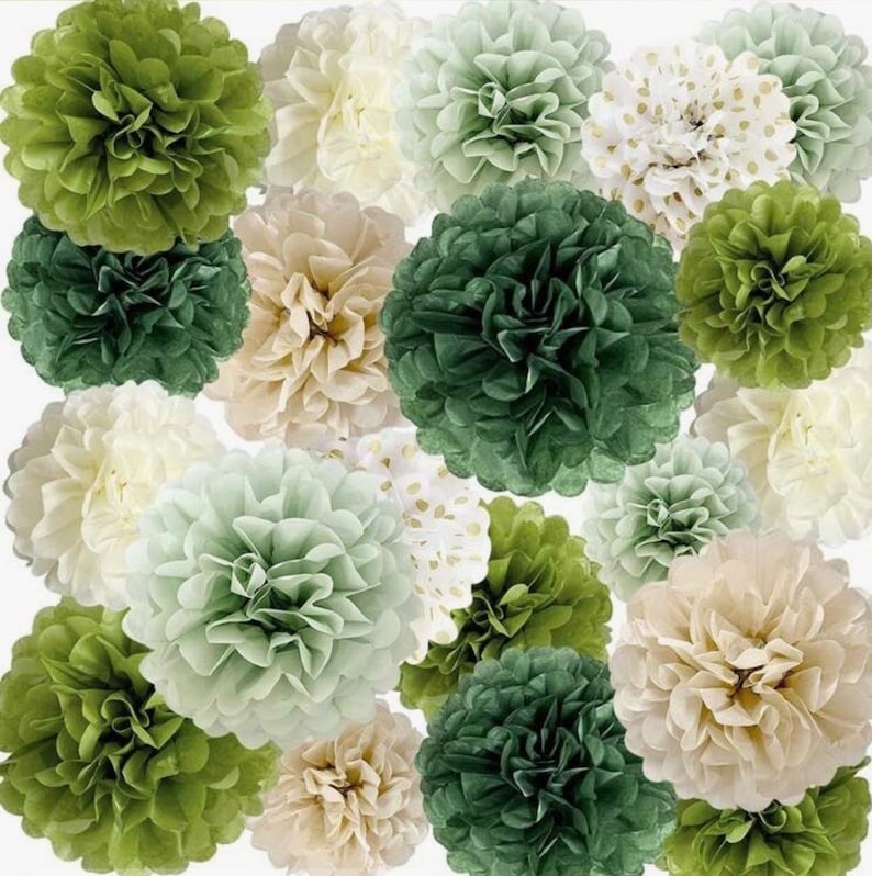 Sage Green Tissue Paper Pom Poms 20 Pcs Wedding Party Decorations Ivory Tan Boho Flowers  Wall Hanging Decor Supplies