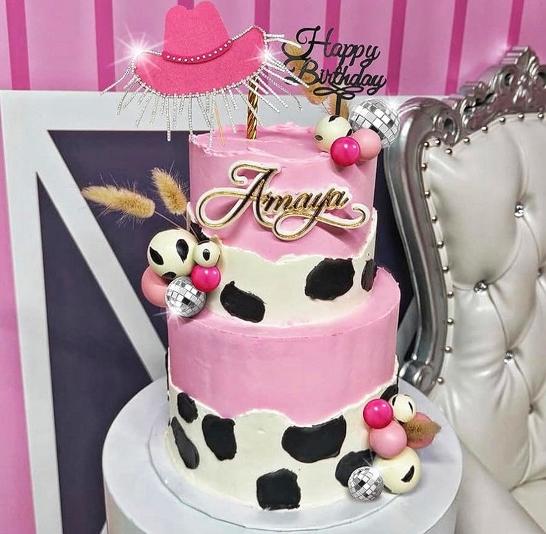 Cowgirl Cake Topper Hot Pink Girl Cake Decoration Shiny Cowgirl Hat Disco Balls for Western Theme Party Cowgirl Birthday Party Supplies
