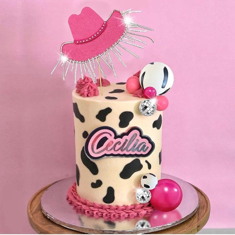 Cowgirl Cake Topper Hot Pink Girl Cake Decoration Shiny Cowgirl Hat Disco Balls for Western Theme Party Cowgirl Birthday Party Supplies
