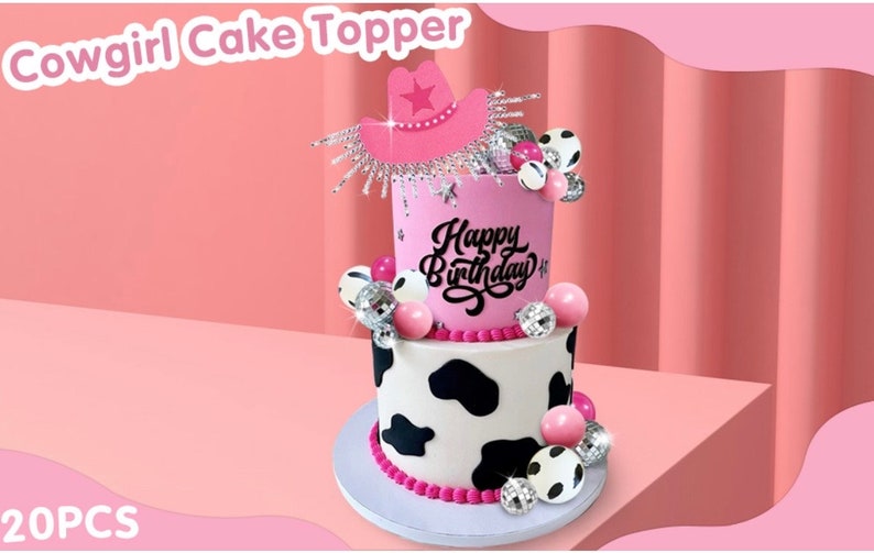 Cowgirl Cake Topper Hot Pink Girl Cake Decoration Shiny Cowgirl Hat Disco Balls for Western Theme Party Cowgirl Birthday Party Supplies