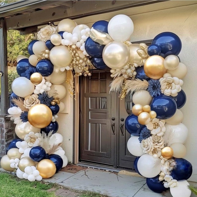 Navy Blue White Balloons Double Stuffed Balloons 18/12/10/5 inch Royal Blue Gold Pearl White Sand Dark Blue Cream Balloon Arch Garland Kit