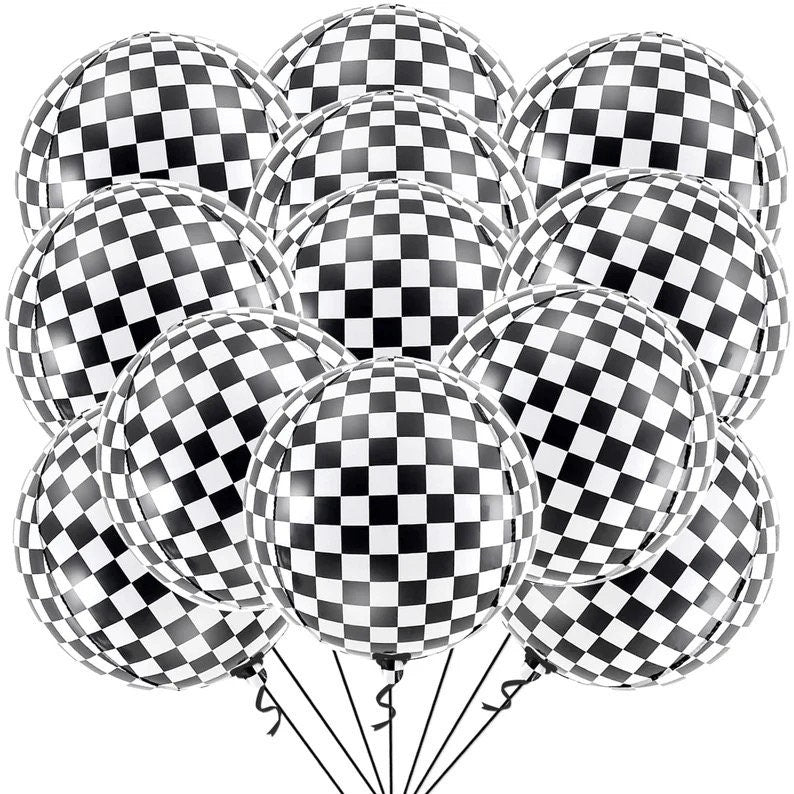 Black and White Checkered Balloons - 22 Inch, Pack of 12 | 4D Sphere Race Car Balloons