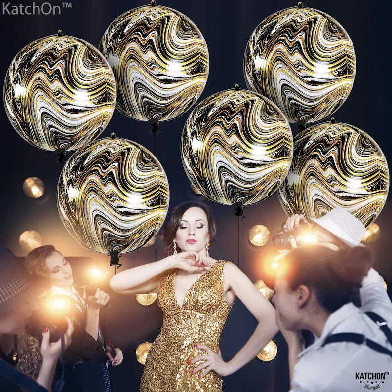 Black and Gold Marble Balloons - 22 Inch, Pack of 6 | Marble Black and Gold Balloons, Black Agate Balloons