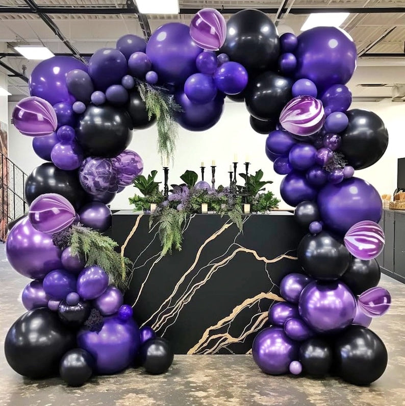 Black Purple Balloon Garland Double Stuffed Dark Purple Black Balloon Different Size Purple Marble Balloons Arch Kit for Birthday Graduation