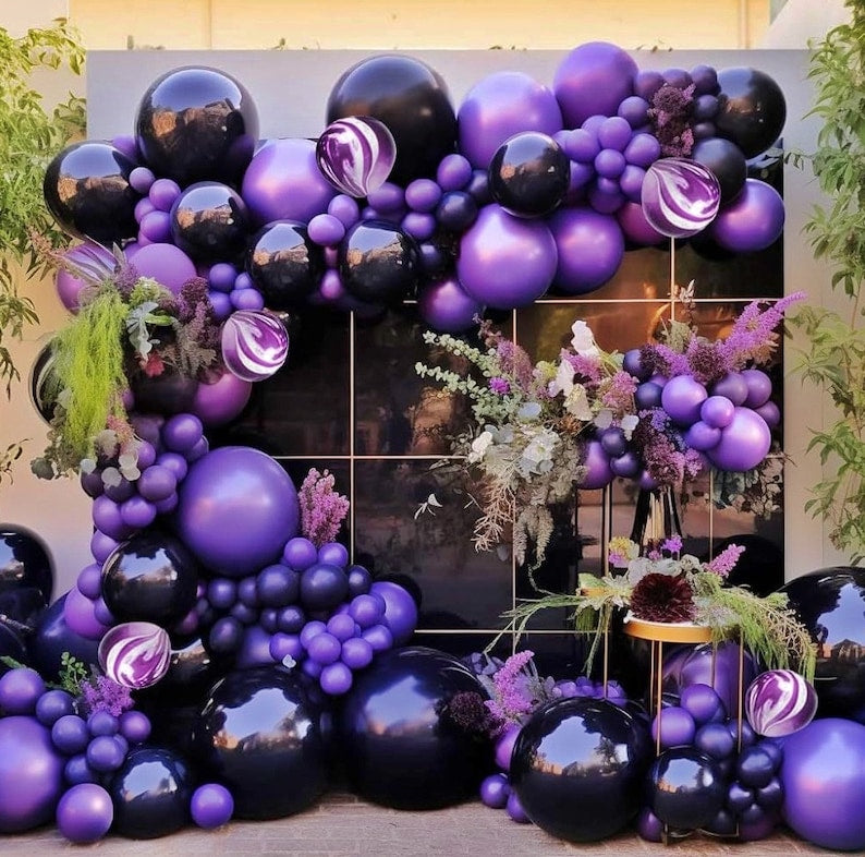 Black Purple Balloon Garland Double Stuffed Dark Purple Black Balloon Different Size Purple Marble Balloons Arch Kit for Birthday Graduation
