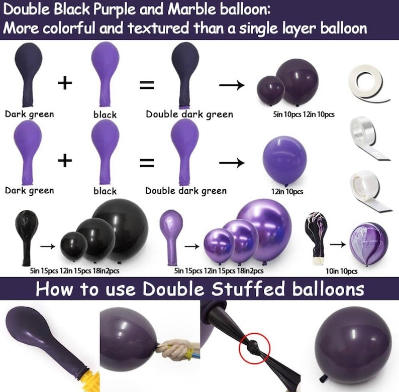Black Purple Balloon Garland Double Stuffed Dark Purple Black Balloon Different Size Purple Marble Balloons Arch Kit for Birthday Graduation