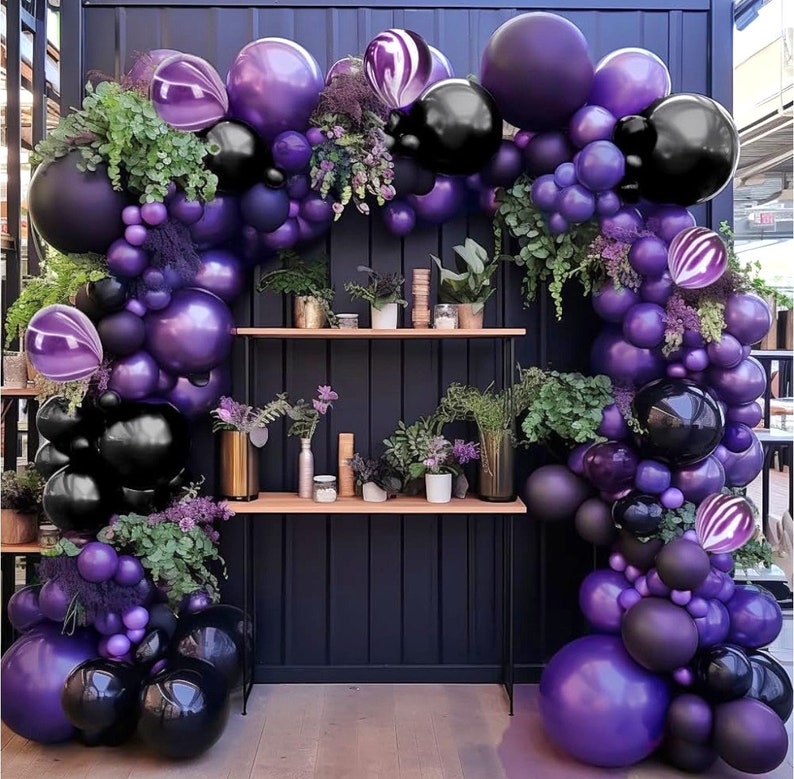 Black Purple Balloon Garland Double Stuffed Dark Purple Black Balloon Different Size Purple Marble Balloons Arch Kit for Birthday Graduation