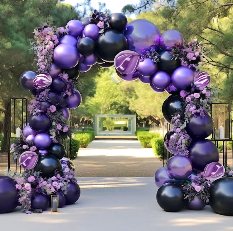 Black Purple Balloon Garland Double Stuffed Dark Purple Black Balloon Different Size Purple Marble Balloons Arch Kit for Birthday Graduation