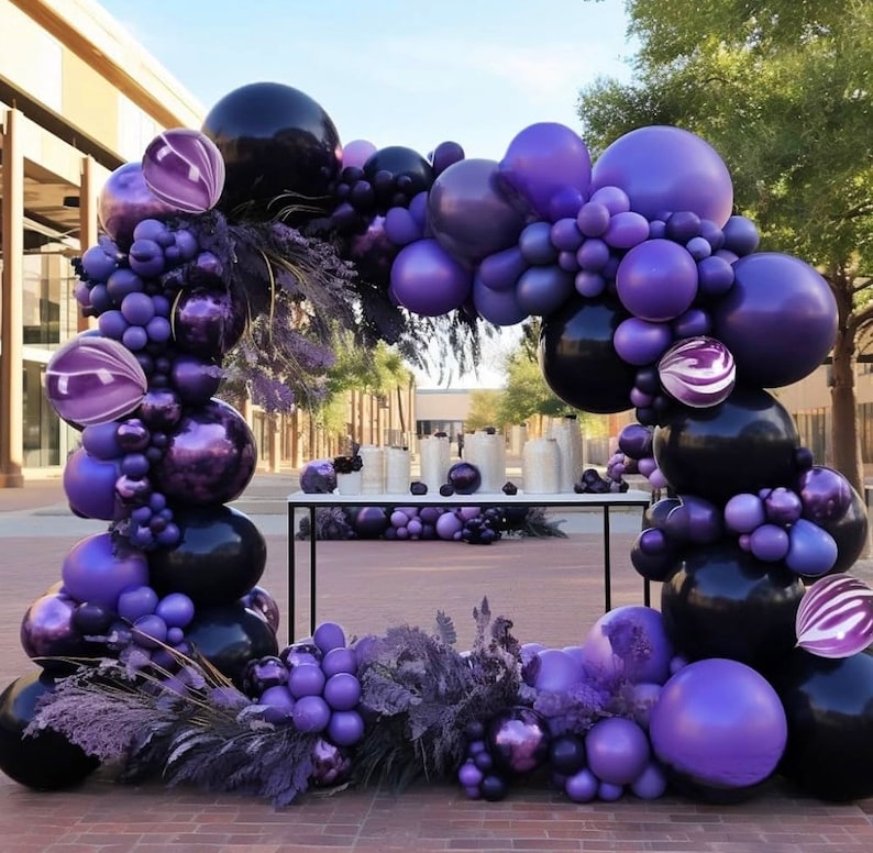 Black Purple Balloon Garland Double Stuffed Dark Purple Black Balloon Different Size Purple Marble Balloons Arch Kit for Birthday Graduation