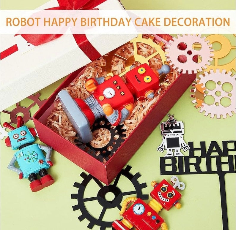 11 Pcs Robot Cake Toppers for Boys Robot Birthday Cake Topper Gear Happy Birthday Robot Cake Cupcake Decorations for Robot Birthday Party