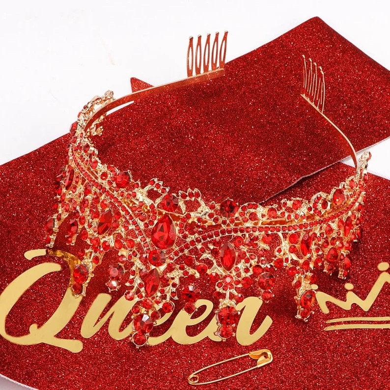 Red Tiara Crown Birthday Queen Sash Tiaras and Crowns for Women Girls Crystal Princess Tiara Rhinestone Headbands Crown Headpieces