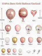 Rose Gold Balloon Arch Kit 134pcs, Blush Pink Gold Party Decorations, Birthday Balloon Garland Kit, Baby Shower, Bridal Shower Decor