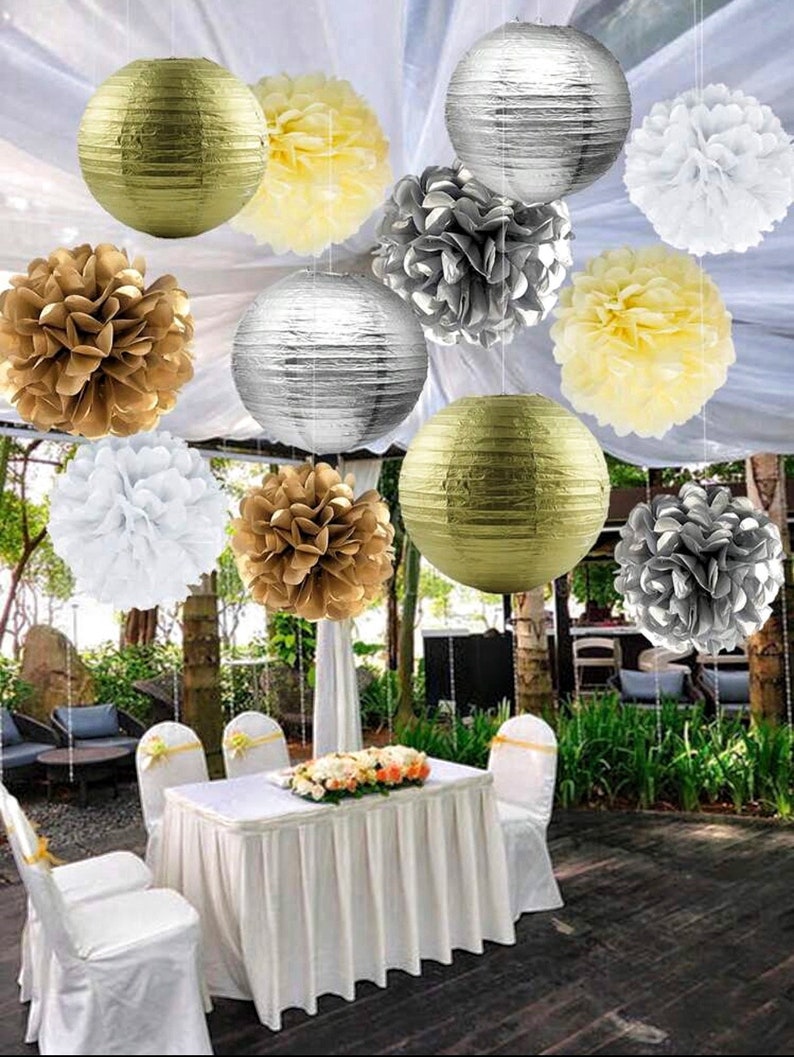 Silver Gold Party Decorations Streamers 12pcs Birthday , Baby Shower Wedding Engagement Paper Lanterns Fan,Tissue Pom Poms,Party Decorations