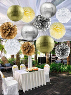 Silver Gold Party Decorations Streamers 12pcs Birthday , Baby Shower Wedding Engagement Paper Lanterns Fan,Tissue Pom Poms,Party Decorations