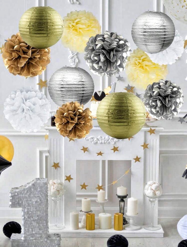 Silver Gold Party Decorations Streamers 12pcs Birthday , Baby Shower Wedding Engagement Paper Lanterns Fan,Tissue Pom Poms,Party Decorations