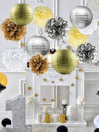 Silver Gold Party Decorations Streamers 12pcs Birthday , Baby Shower Wedding Engagement Paper Lanterns Fan,Tissue Pom Poms,Party Decorations