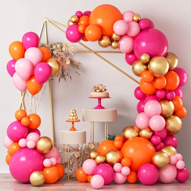 Pink Orange Balloon Garland Arch Kit, 124pcs Hot Pink Orange Chrome Metallic Gold Latex Balloons for Birthday Wedding Baby Shower Tropical