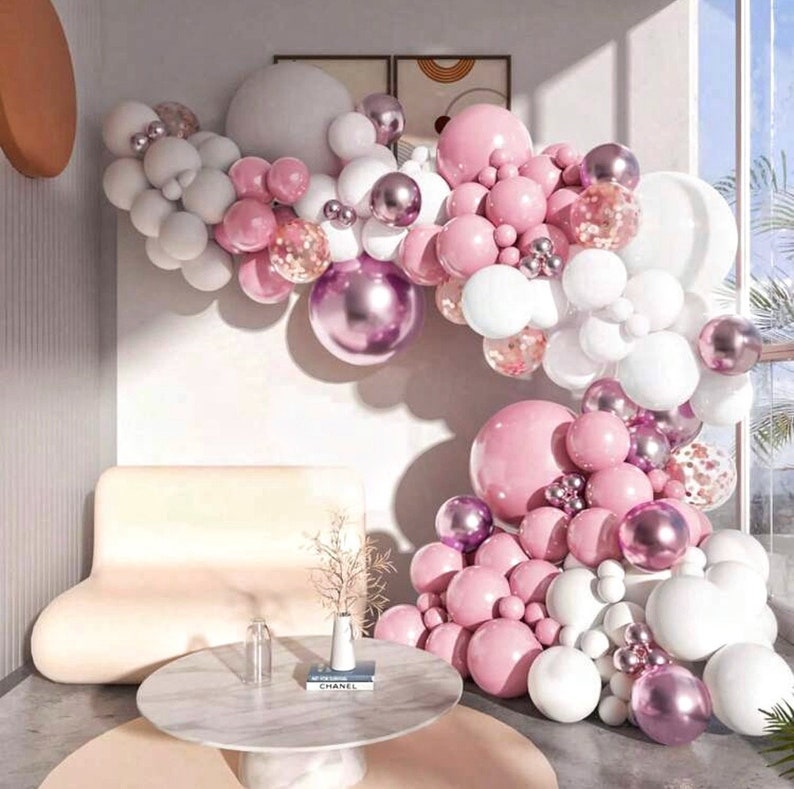 Pink White Balloons Garland Arch Kit 133 PCS Metallic Pink Gold Confetti Latex Balloons for Baby Girl Shower